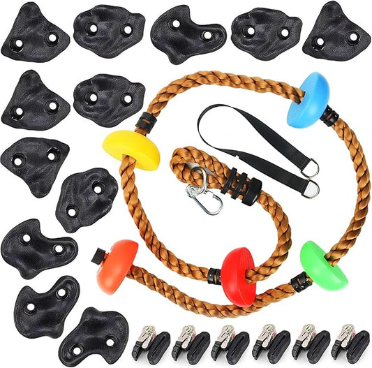 12 Rock Climbing Holds for Kids Climber,6.56FT Climbing Rope Swing and 6 Sturdy Ratchets Straps for Kids Tree Climbing,Tree Climbing Kits for Outdoor Obstacle Training,Black