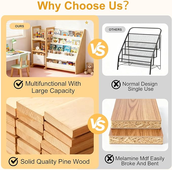 Kid Bookshelf and Toy Storage Organizer - White 3 Tier Wooden Kids Book Shelf for Kids Rooms, Toddler Bookshelf Baby Bookcase for Nursery Class Room, Play Room- Cream White