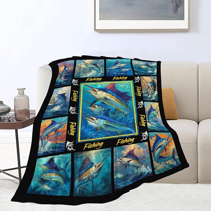 Fish Throw Blanket Fishing Marlin Stuff Gifts for Kids Girls Boys Adults Women Men Soft Cozy Warm Plush Fluffy Fuzzy Fleece Blanket Decor 50''X60''
