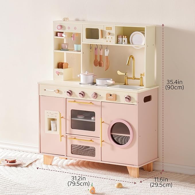 ROBOTIME Kids Play Kitchen, Modern Pretend Wooden Toy Kitchen with Ice Maker, Coffee Maker, Oven, Microwave, Toaster, Stove, Dishwasher & Sink, Complete Kitchen Playset for Ages 3+ (Pink)