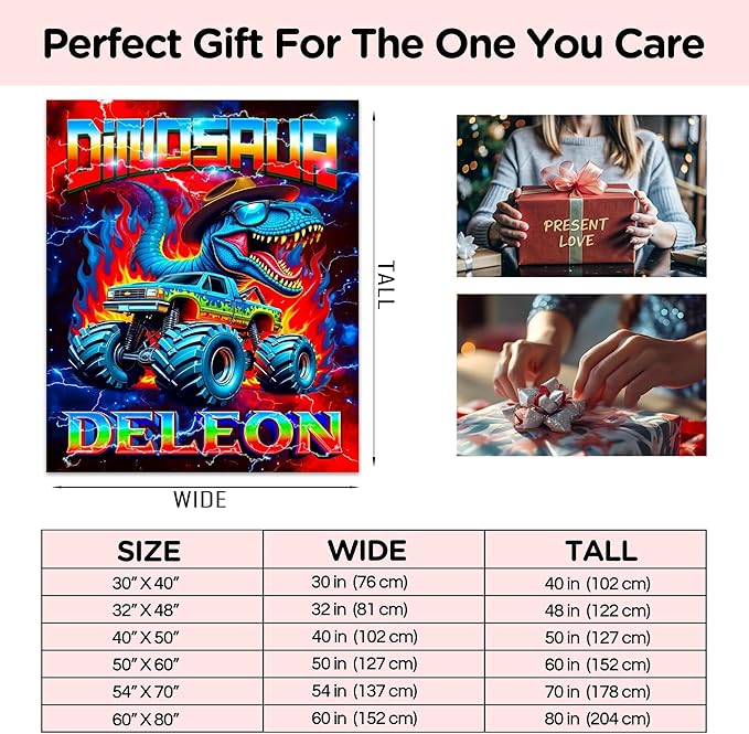 Custom Truck Blanket with Name Personalized Dinosaur Throw Blanket for Boys Cars Lovers Gifts for Couch Sofa Bed Decor(Boy-04)