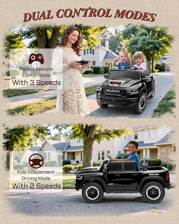 24V Ride on Toys for Big Kids, Licensed RAM 1500 RHO Electric Car for Kids w/Remote Control, Ride on Truck w/Bluetooth, LED Lights, Truck Bed Storage, Gear Shifter & Soft Start (Black)