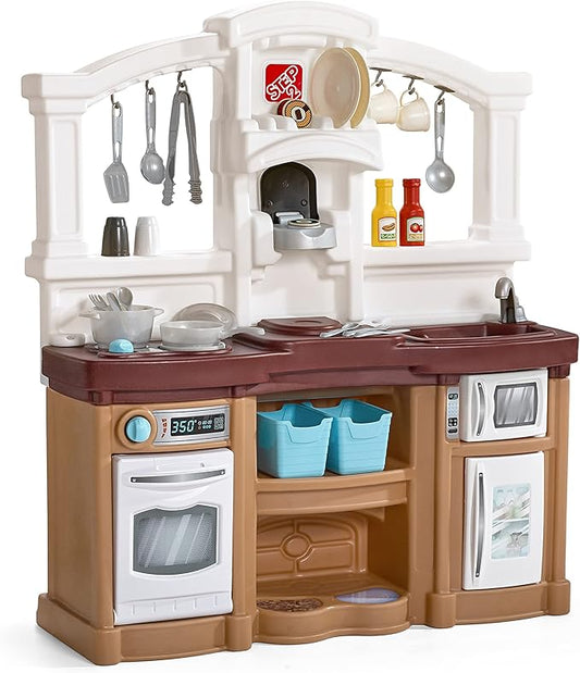 Step2 Fun with Friends Kids Kitchen Playset, Indoor/Outdoor Kitchenette, Interactive Play with Lights and Sounds, Durable Plastic, Includes 25 Piece Toy Accessories, Toddlers 2+ Years Old, Tan