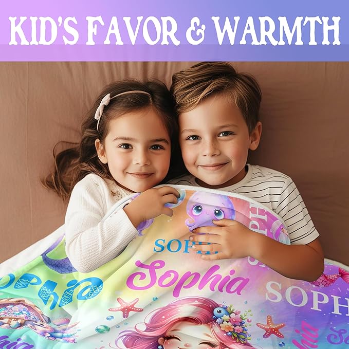 Custom Girl Blanket with Name Personalized Cute Mermaid Blanket for Newborn Customized Soft Flannel Throw Blanket Memorial Gift for Toddler on Birthday Baby Shower Christmas