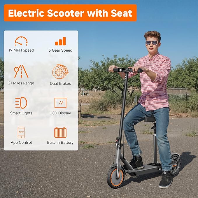 Electric Scooter, Folding E Scooter for Adults with Seat, 350W Motor, 8.5" Tire, 19MPH, 21Mile Long Range Lightweight Teens Commuting Sit Down Escooter with App, Bluetooth, Dual Brake (Seat Optional)
