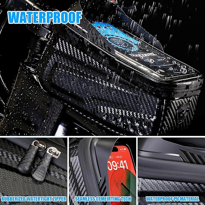 Waterproof Bike Bag, Long Extension Strap, Top Tube Bag Under 6.9'', Large Capacity, Touch Screen Compatible