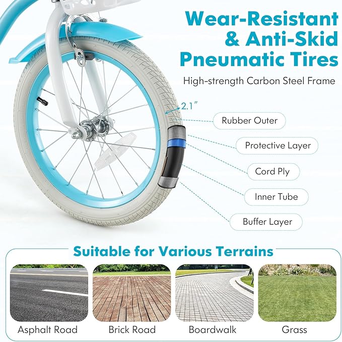 COSTWAY Kids Bike, 12 14 16 18 Inch Toddler Bike Children Bicycle w/Training Wheels, Hand & Coaster Brakes, Adjustable Saddle & Handlebar, Basket, Bell, Kids Bicycle for Girls Boys Aged 3-8 Years Old