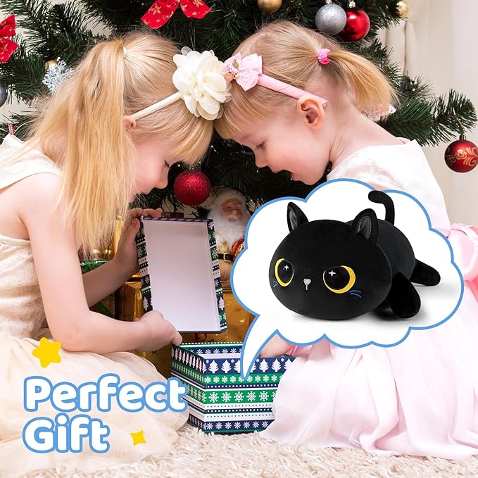 Puffpals Weighted Plush, Cute Black Cat Weighted Stuffed Animal with Beads, Soft Sensory Plush Pillow Toy for Kids & Adults(13.2in 1.4lbs)