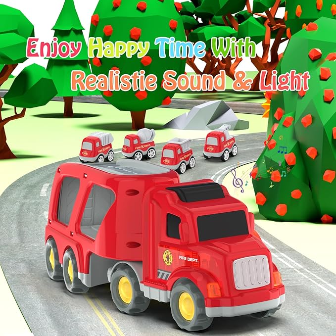 Veslier Toddler Car Toys for 3 4 5 Years Old Construction Transport Truck with 4 Pack Small Pull Back Construction Vehicles Friction Power Cars Christmas Birthday Gifts for Kids Boys Girls