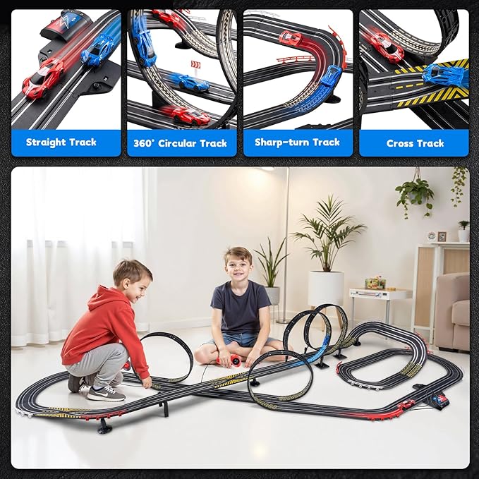 Race Track Toy Sets for Kids - Battery or Electric High-Speed 1:64 Scale Car Track Toys with 2 Controllers & 2 Slot Cars - Birthday Gifts for Boys Girls Children Age 3 4 5 6 7 8 9 10 11 12 Years Old