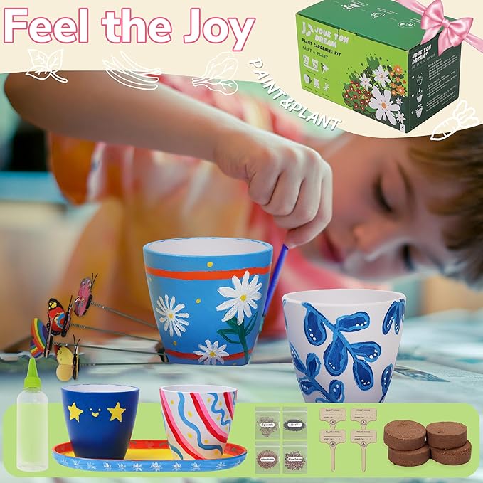Paint & Plant Flower Gardening Kit with 4 Pots - Kids Gardening Set Ages 8-12, Spring Arts & Crafts Activities Kits, Educational Birthday/Easter Gifts for Boys & Girls Ages 5 6 7 9 10 11
