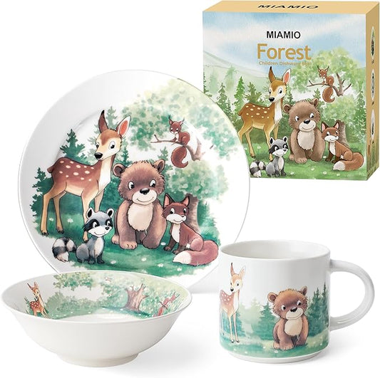 MIAMIO – Set of 3 Kids Dinnerware Set/Porcelain Children Dishes, Kids Dish Set, Children’s Tableware Set - Includes Plate, Bowl and Cup – For Kids and Toddler (Forest)