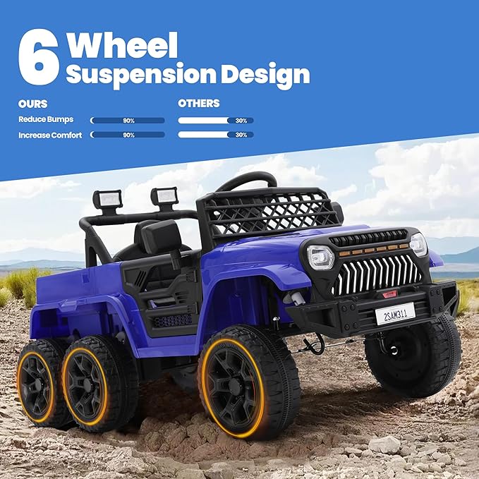 12V Power Wheels Jeep for Kids - Ride On Truck Car w/2WD/4WD Switch w/Parent Remote Control, 6 Wheels Suspension Electric Car for Kids, Blue