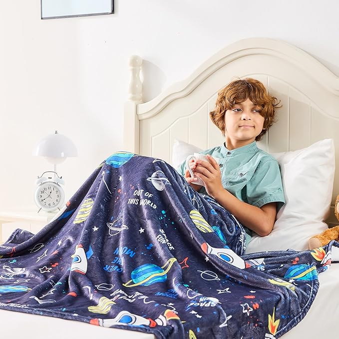 Wajade Toddler Fleece Space Blanket for Boys Kids 3D Rocket Planets Soft Throw Blanket Birthday Christmas Halloween Space Decor for Children 50"x60"