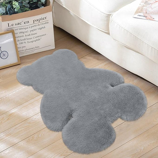 2.5x3.4 ft Grey Small Bear Soft Fluffy Rug, Shag Faux Sheepskin Fur Rug Fuzzy Shaggy Area Rug Cute Plush Carpet for Nursery Kids Girls Bedroom Room Aesthetic Living Room Floor Home Decor, Grey