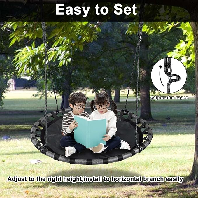 43 inch Black Saucer Tree Swing for Kids,Flying Round Swing Waterproof and All-Weather Resistant,PP Mat,Adjustable Strong Ropes,Easy to Install,Outdoor Playground Backyard