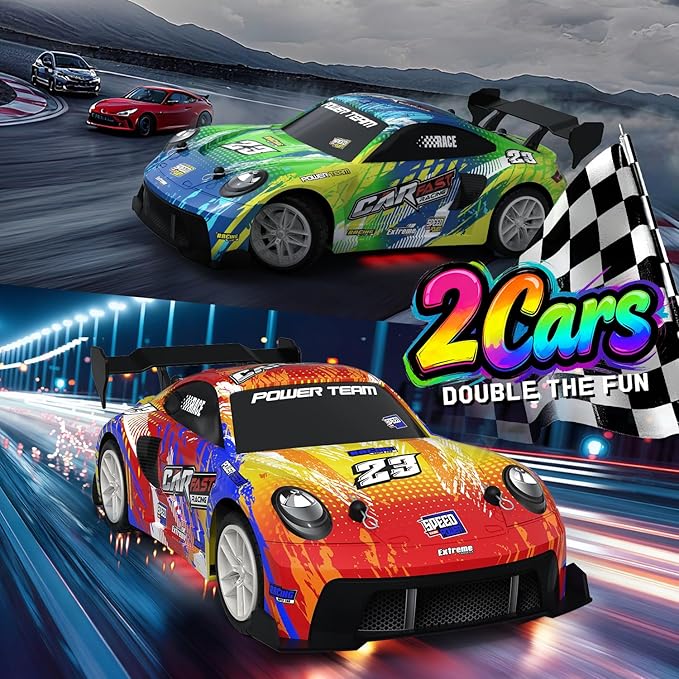 2 Pack RC Cars for Kids and Boys, Girls 4-7-8-12 Gifts, Remote Control Car, LED Lights, Head Lights, 4WD Racing Cars,2.4GHz Dual Player, Colorful Graffiti Designs