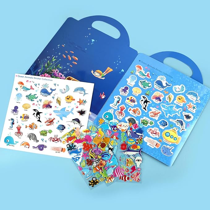 ASTARON Reusable Sticker Book for Toddlers, 88 Pcs Ocean Stickers Road Trip Activities Car Airplane Activities Travel Toys for Kids, Kids Quiet Time Activities (2-6 Age)
