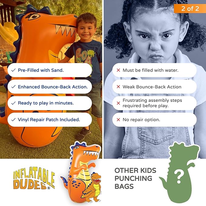 INFLATABLE DUDES Dinosaur -Kids Punching Bag | Already Filled with Sand| Bop Bag | Premium Inflatable Toy | Punching Bag for Kids | Enhanced Bounce-Back Action! | Indoor Outdoor - Party Games