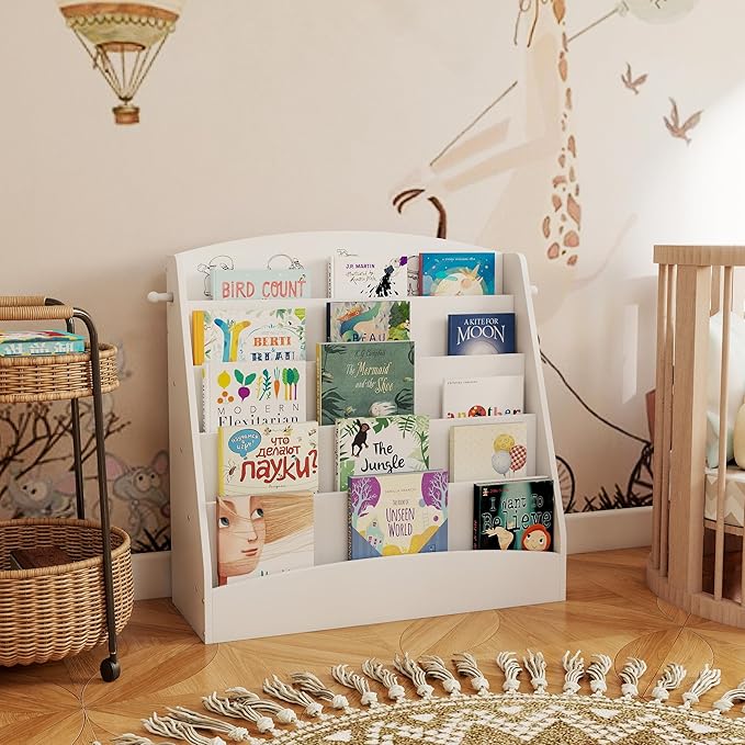 5-Tier Kids Bookshelf Montessori Toddler Book Rack Baby Bookcase Floor Front Facing Magazine Display Shelf for Bedroom Playroom Nursery Classroom Kindergarten Wood (White)