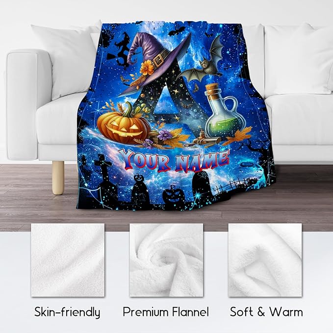 Halloween Blanket Gifts - Personalized Blanket for Kids Boys - Custom Initial Gifts for Toddler & Child - 50"x60" Flannel Monogram Throw - Halloween Party Room Decor