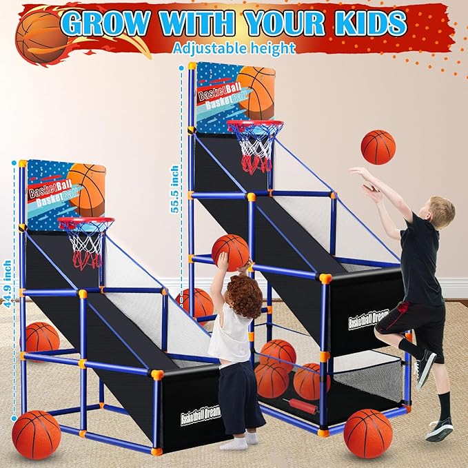 Arcade Basketball Game Set for Kids, Boy Toys Basketball Hoop with 4 Balls for 3 to 12 Years Old, Adjustable Height w/Pump & Storage Net for Kids Indoor Outdoor Sports Play, Christmas Birthday Gifts