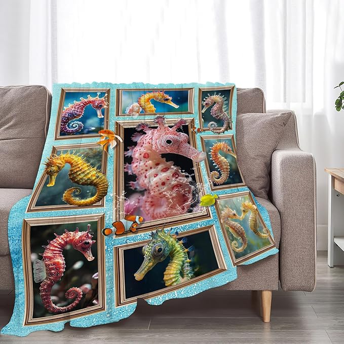 Seahorse Blanket Fleece Soft Warm Plush Ocean Animal Throw Blanket Lightweight Plush Fuzzy Cozy Marine Life Blankets for Lover Kids Adult Suitable for Couch Sofa Bed 50"X40"