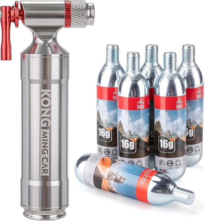 CO2 Inflator Kits with 6 X 16g / 25g CO2 Threaded Cartridges for Bike Tires, Presta and Schrader Valve Compatible, CO2 Bike Tire Pump for Mountain and Road Bicycles
