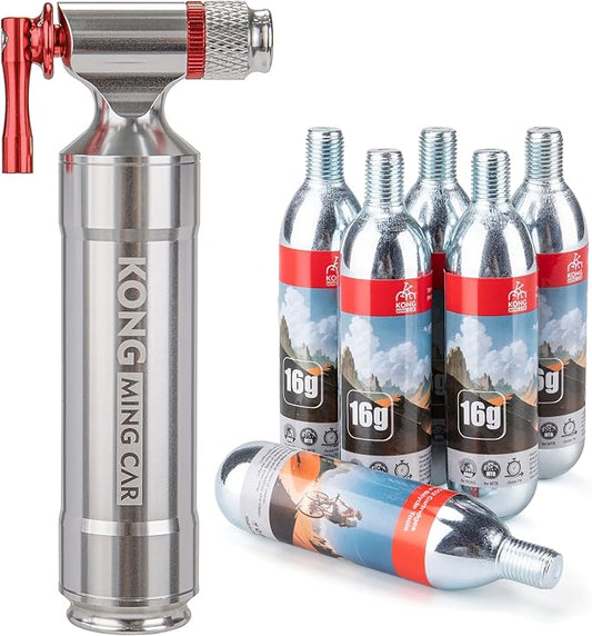 CO2 Inflator Kits with 6 X 16g / 25g CO2 Threaded Cartridges for Bike Tires, Presta and Schrader Valve Compatible, CO2 Bike Tire Pump for Mountain and Road Bicycles