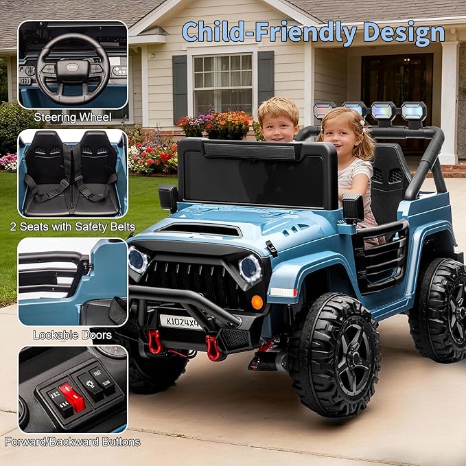 2 Seater Ride on Car Toy for Kids, 24V 4x4 Ride-on Truck, w/Parent Control, Soft Start, 3 Speed, 4-Wheeler Suspension, Bluetooth, LED Lights, Electric Car for Kids Toddler Ages 3-8, Blue