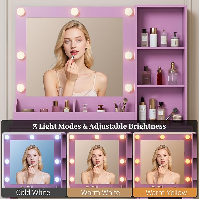 Makeup Vanity with Mirror and Lights & Power Outlet, 34'' Small Vanity Desk with Drawers and Storage Cabinet & Makeup Tray, Dressing Table for Girls Bedroom Dressing Room, Purple