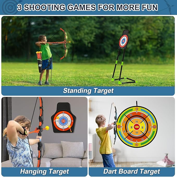 2 Pack Bow and Arrow Set with 29in Large Dart Board, LED Light Up Archery Set for Kids with 20 Suction Cup Arrows&12 Sticky Balls Standing Target Indoor Outdoor Toys Must Have for Boys Girls 3-12 yo
