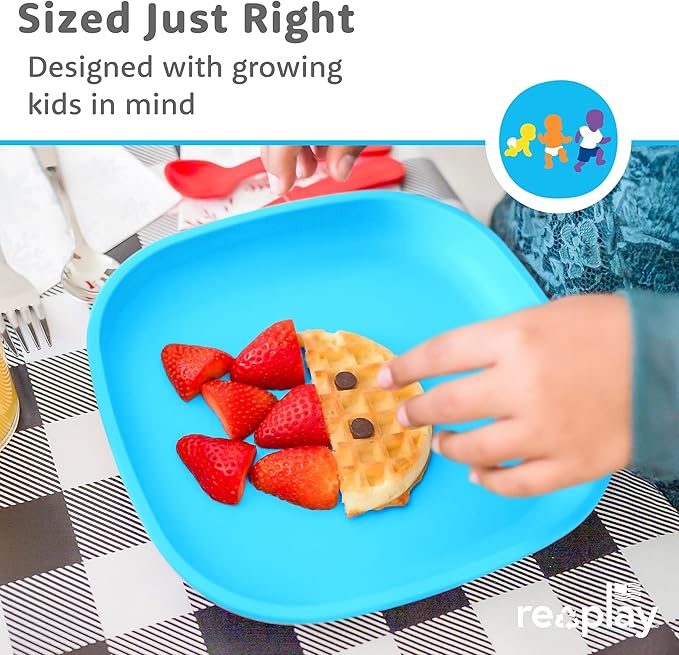 Re-Play Toddler Plates - 22 Oz. Deep-Walled Flat Kids Plates - Dishwasher & Microwave Safe - Made in USA - Set of 6-7.37" x 7.37" x 1.25" - Crayon Box