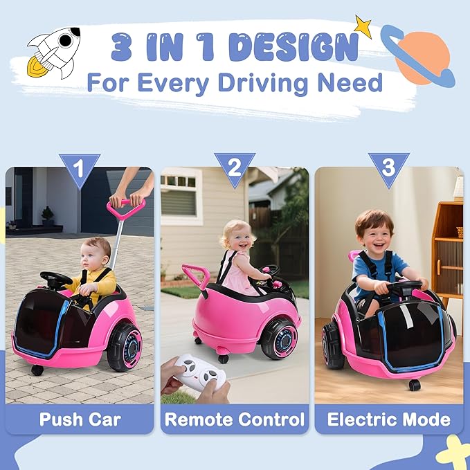 ANPABO 3-in-1 Electric Push Ride On Car, 12V Kids Ride On Toy w/Remote Control, 360° Spin, 5-Point Safety Belt, Colorful LED Light, Music Player, Push Car for Toddler Ages 1-3 (Pink)