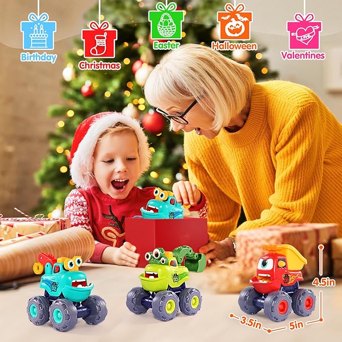 OCATO Monster Truck Toys for 1 2 3 Year Old Boy Birthday Gift, Outdoor Construction Toy Trucks Pull Back Cars for Toddlers 1-3, 1st Birthday Gifts 1 2 3 Year Old Boy Toys Baby Toddler Xmas Gifts Kids