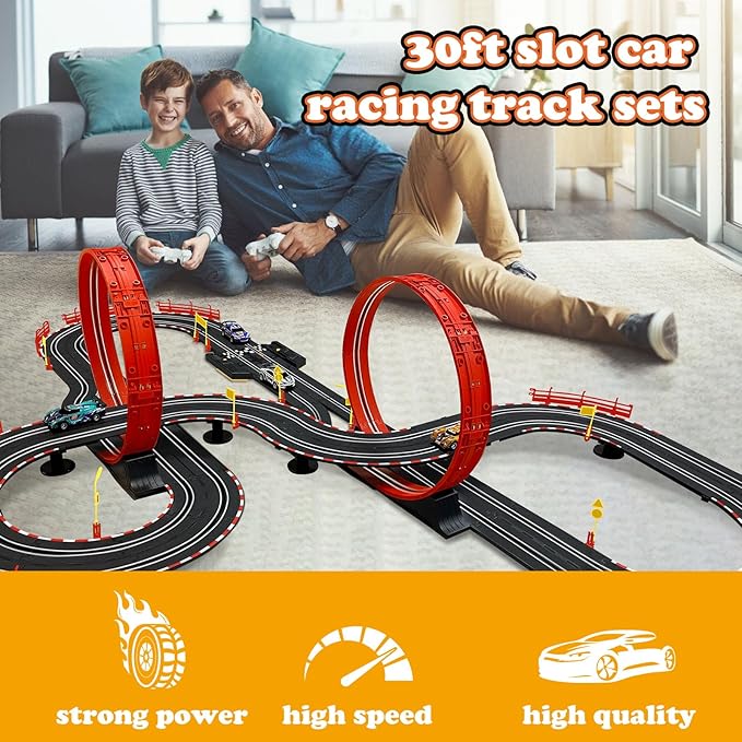 Slot Car Race Track Sets for Kids -30FT Electric Race Car Track with 4 Slot Cars(1:43), Lap Counter, Dual Racing Game &Multiple Types of Tracks - Christmas, Birthday Gift Toys for Ages 8-13