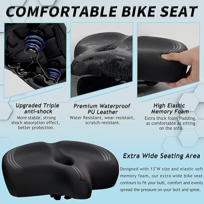 Oversized Bike Seat for Men & Women Comfort, Extra Wide Soft Padded Bicycle Seat Cushion, Large Comfortable Replacement Saddle for Peloton, Stationary Exercise Bike, Cruiser, Ebike, City Bike