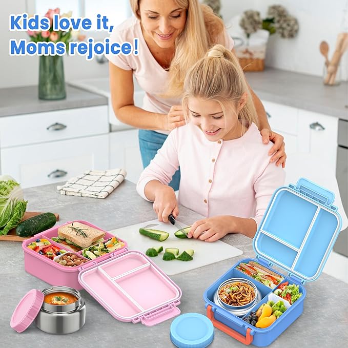 Bento Lunch Box for Kids with 9oz Thermo, Leak-proof Lunch Containers with 3 Compartments,Kids-friendly Size,Durable/Dishwasher Safe Lunch Box for School Outdoors-Blue