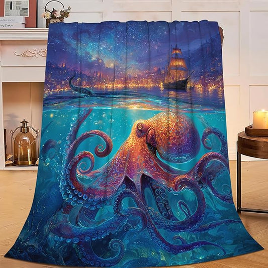 Octopus Blanket Gifts for Women, Ocean Nautical Fleece Blanket Gifts for Boys Girls, Warm Cozy Soft Flannel Throw Stuff for Bed Sofa Couch 60" x 50"