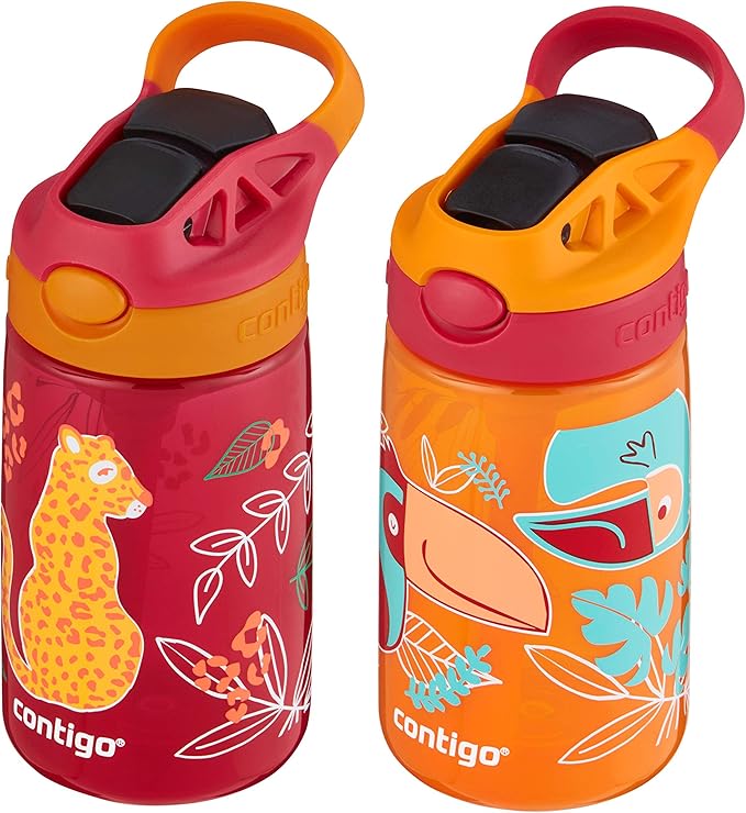 Contigo Aubrey Kids Water Bottle with Silicone Straw and Spill-Proof Lid, 14 oz, 2 Pack, Cheetahs & Toucans