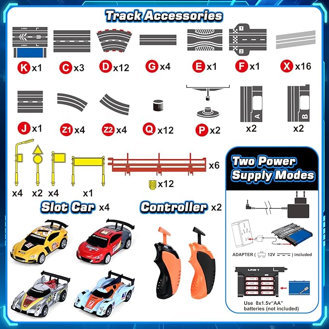 Boy Toys Gifts for 6 7 8-12 Years Old, Slot Car Race Track Sets with 4 Slot Cars, Battery or Electric Car Track with Flash Light, Dual Racing Game Lap Counter Circular Overpass Track Gifts for Kids