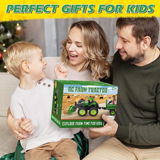Remote Control Tractor Toy Set with Trailer & Farm Accessories, Light Up Farm Truck Toys for Boys & Girls 3, 4, 5, 6, 7 Year Old, 2.4 Ghz RC Tractor Toys, Ideal Christmas, Birthday Gifts for Kids