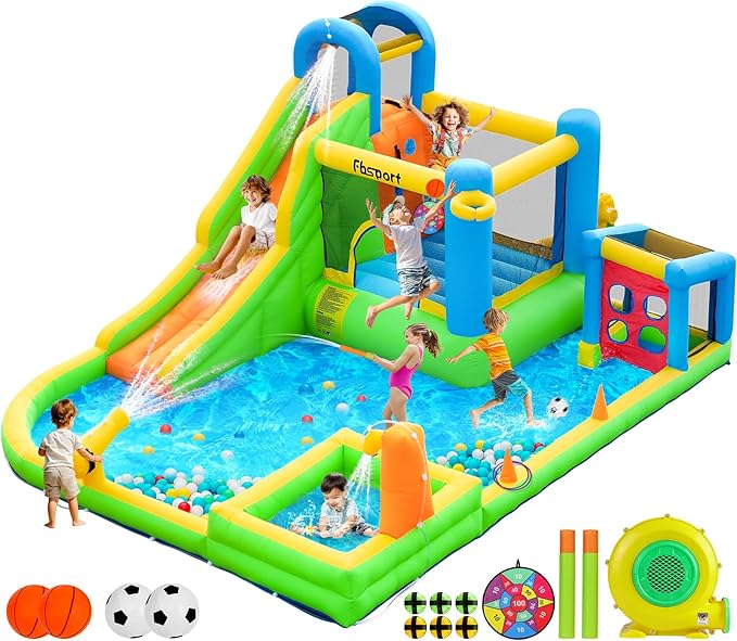 FBSPORT Inflatable Bounce House, 9 in 1 Water Slide with Blower, Bouncy House for Kids Indoor Outdoor Wet Dry Combo Water Bounce House with Football Shooting, Water Gun, Splash Pool, Bounce Area, Hose