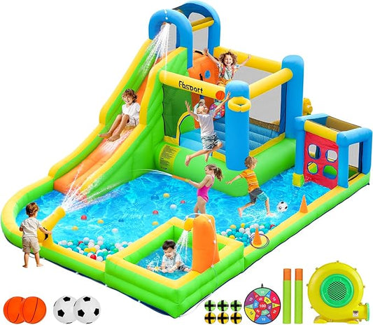 FBSPORT Inflatable Bounce House, 9 in 1 Water Slide with Blower, Bouncy House for Kids Indoor Outdoor Wet Dry Combo Water Bounce House with Football Shooting, Water Gun, Splash Pool, Bounce Area, Hose