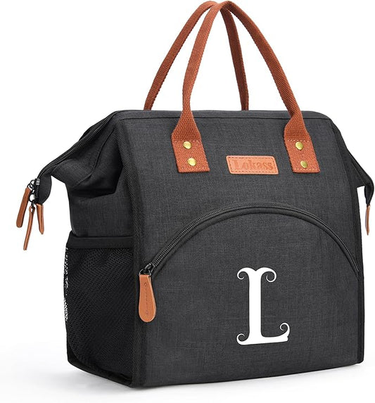 Personalized Lunch Box for Women, Initial Reusable Insulated Lunch Bag, Wide-Open Adult Lunchbox Cooler Lunchbag, Leakproof Lunch Tote for Picnic Work Outdoors, Christmas Gift for Women, Black - L