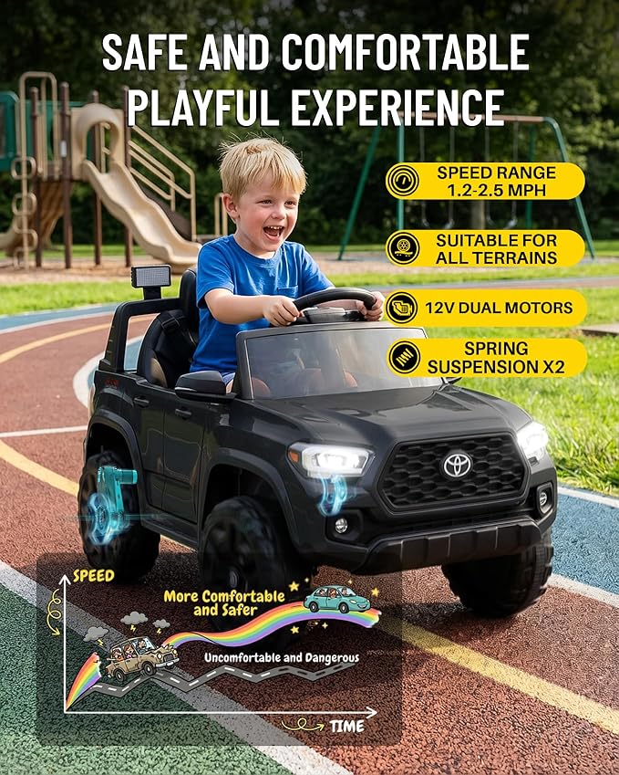 Blitzshark 12V Kids Ride on Car Licensed Toyota Tacoma Battery Powered Motorized Electric Vehicle, with Remote Control, Digital Display, Spring Suspension, Storage Space, Music &FM, Black