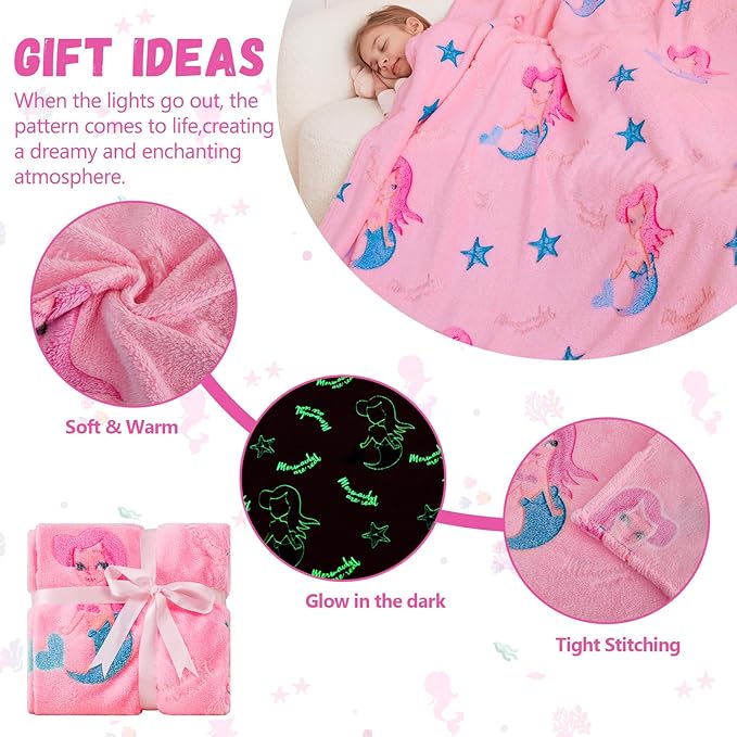 Glow in The Dark Mermaid Blanket,Mermaid Gifts Toys for Girls, Birthday Presents Decor for Kids Age 3-14 Year Old Daughter Teen Child Toddler Luminous Christmas Bedroom Throw Blanket 50"x60"
