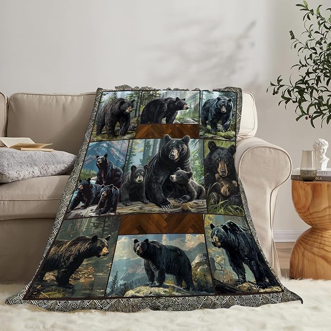 Black Bear Blanket Wild Animal Throw Blanket Cozy Plush Fleece Flannel Bear Blankets Lightweight Fuzzy Party Gifts for Girls Boys Women Men 60"X50"