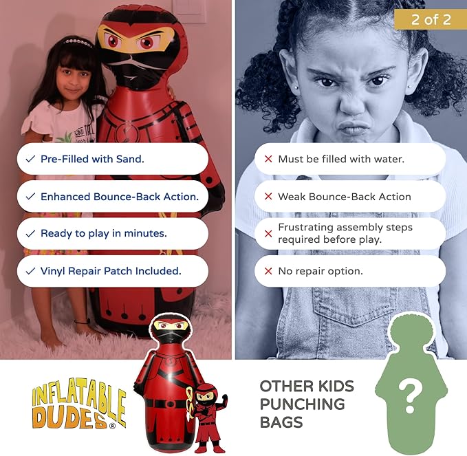 INFLATABLE DUDES Ninja Toy 47 Inches -Kids Punching Bag | Already Filled with Sand| Bop Bag | Inflatable Bopper | Boxing | Ninja Birthday Party | Party Decorations | Punching Bag for Kids- (Sam)