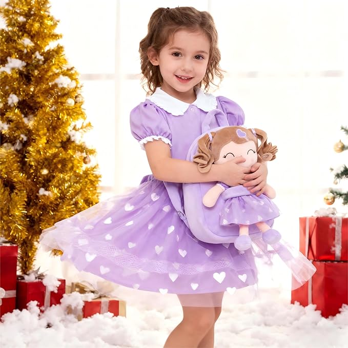Gloveleya Back to School Gifts for Girls Toddler Backpack Baby Girls Gift Plush Bag Diaper Bag with Spring Girl Doll Curly Hair Girl Toys with Love Purple
